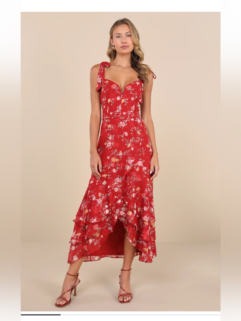 NWT Lulu’s Floral Red Tie-Strap Maxi Dress